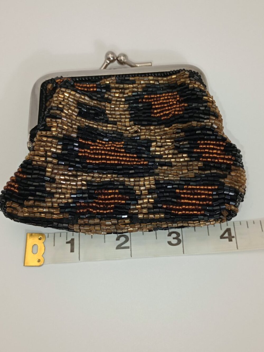 Vintage Beaded Coin Purse Leopard Print Kiss Lock Change Purse Mini Clutch